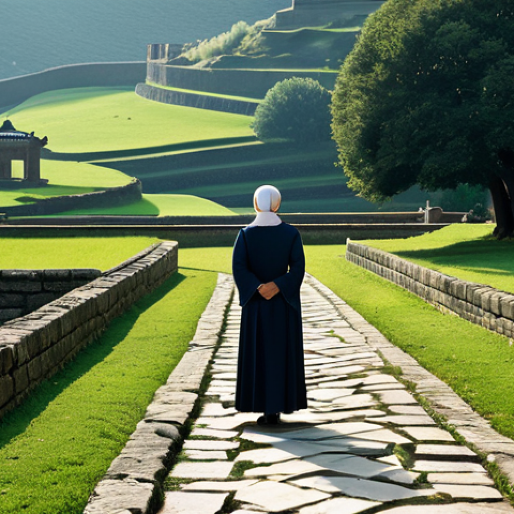 A serene, contemplative individual, fully clothed in professional, modest attire, standing on an ancient stone pathway, well-worn and weathered, winding through a timeless landscape. The pathway subtly intertwines with delicate, flowing lines of light, symbolizing different historical narratives and cultural influences. In the background, hints of generalized, ancient architectural elements suggest a rich, layered past, without specific religious or political landmarks. The image conveys a sense of peaceful coexistence and deep historical resonance. Professional photography, high detail, perfect anatomy, correct proportions, natural pose, well-formed hands, proper finger count, natural body proportions, safe for work, appropriate content, family-friendly.