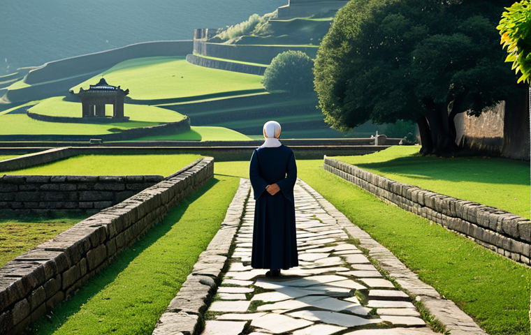 A serene, contemplative individual, fully clothed in professional, modest attire, standing on an ancient stone pathway, well-worn and weathered, winding through a timeless landscape. The pathway subtly intertwines with delicate, flowing lines of light, symbolizing different historical narratives and cultural influences. In the background, hints of generalized, ancient architectural elements suggest a rich, layered past, without specific religious or political landmarks. The image conveys a sense of peaceful coexistence and deep historical resonance. Professional photography, high detail, perfect anatomy, correct proportions, natural pose, well-formed hands, proper finger count, natural body proportions, safe for work, appropriate content, family-friendly.