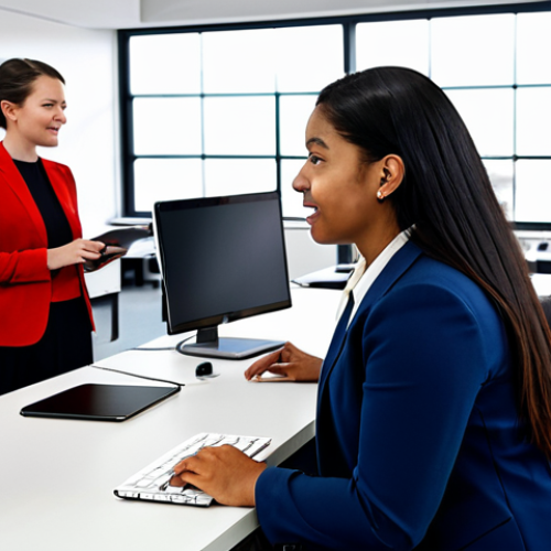 A diverse group of adults, including individuals in respectful, modest business attire and traditional professional dress, engaged in a technology training session. They are seated at modern desks in a bright, collaborative tech hub, interacting with laptops and large screens. The atmosphere is focused and collaborative, emphasizing learning and innovation and representing social inclusion through technology. The subjects are fully clothed, appropriate attire, modest clothing, professional dress, safe for work, appropriate content, family-friendly. Perfect anatomy, correct proportions, natural pose, well-formed hands, proper finger count, natural body proportions, professional photography, high quality, highly detailed, realistic.