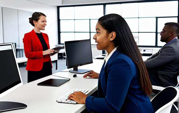 A diverse group of adults, including individuals in respectful, modest business attire and traditional professional dress, engaged in a technology training session. They are seated at modern desks in a bright, collaborative tech hub, interacting with laptops and large screens. The atmosphere is focused and collaborative, emphasizing learning and innovation and representing social inclusion through technology. The subjects are fully clothed, appropriate attire, modest clothing, professional dress, safe for work, appropriate content, family-friendly. Perfect anatomy, correct proportions, natural pose, well-formed hands, proper finger count, natural body proportions, professional photography, high quality, highly detailed, realistic.