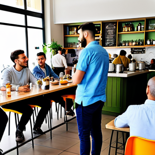**

"A bustling Tel Aviv cafe scene, filled with young entrepreneurs in modest clothing, discussing innovative ideas and pitching to investors, safe for work, appropriate content, fully clothed, professional, perfect anatomy, natural proportions, bright and vibrant colors, modern setting, family-friendly."

**