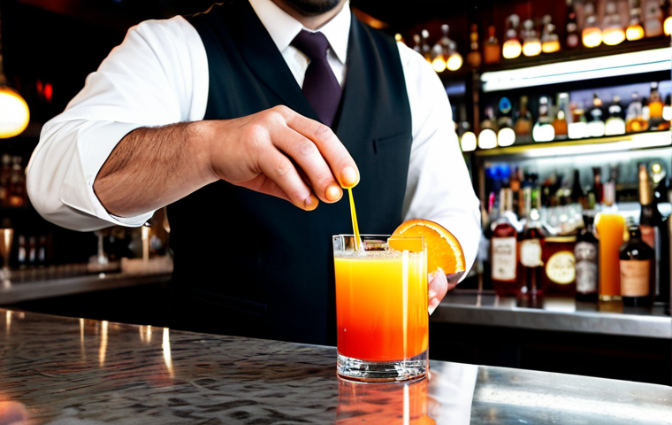 A Sabra Liqueur Cocktail Preparation**

"A bartender in a modern, upscale bar preparing a 'Sabra Sunrise' cocktail, appropriate attire, fully clothed, focus on the vibrant colors of the drink, orange juice cascading into the glass, grenadine sinking to the bottom creating a sunrise effect, safe for work, perfect anatomy (of the bartender's hands), natural proportions, professional bar setting, high quality, well-lit"

**