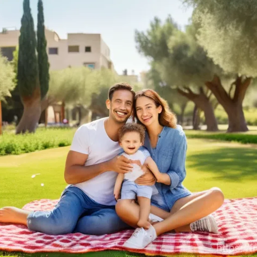 이스라엘에서의 자동차 보험 규정 - **A joyful family picnic in an Israeli park:** "A happy young family, consisting of a mother, a fath...