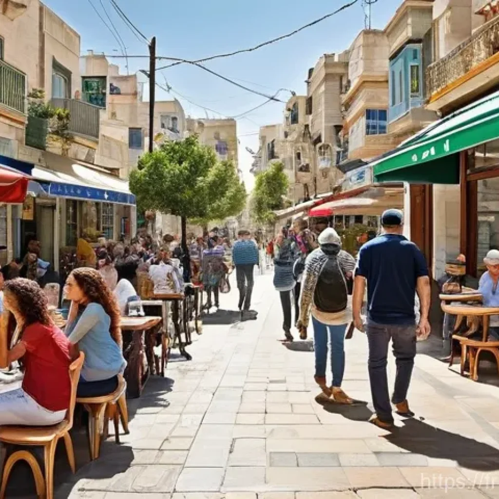 이스라엘의 공식 언어  히브리어 아랍어 - **Prompt 1: Vibrant Hebrew Urban Life**
    "A bustling, sun-drenched street scene in a modern Israe...