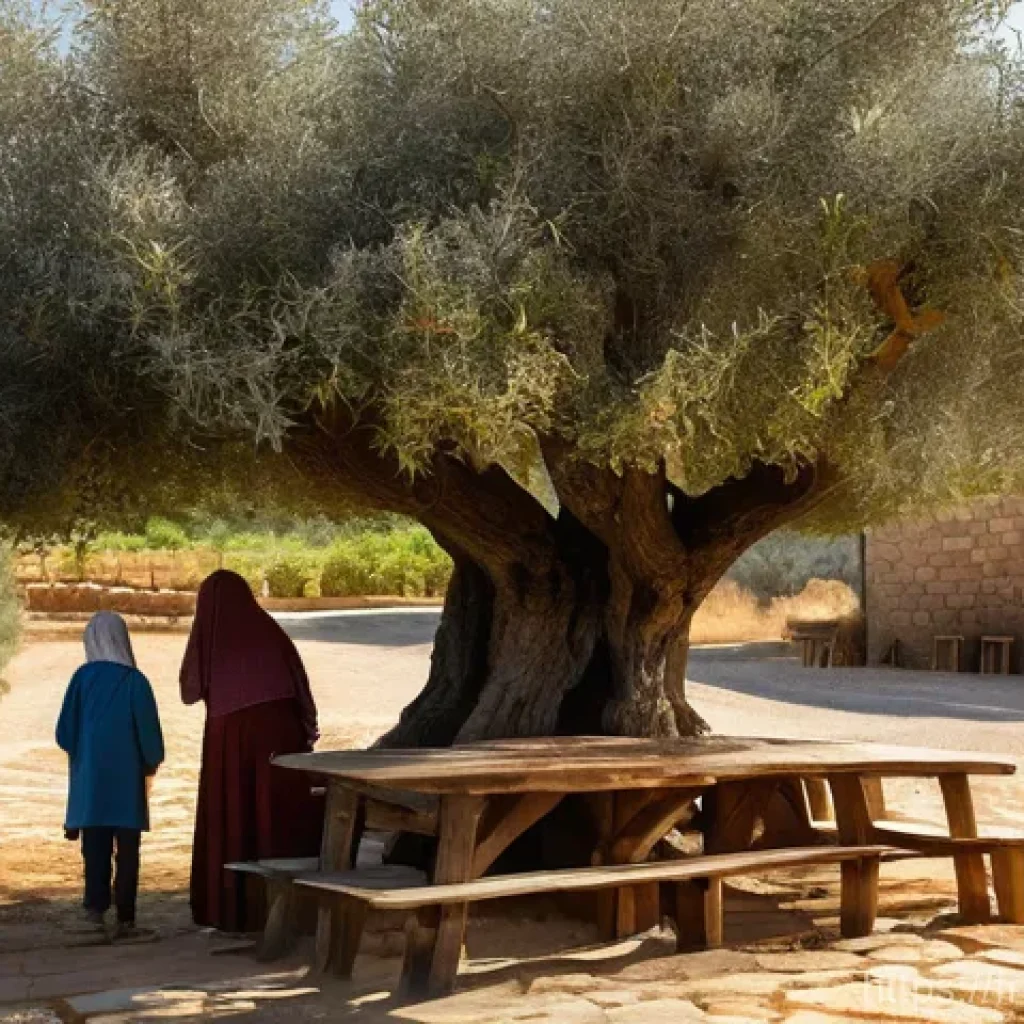 이스라엘 농촌 마을 체험 - **Prompt 1: Rustic Israeli Village Life Under Ancient Olive Trees**
    "A picturesque, sun-drenched...