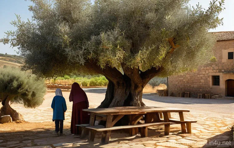 이스라엘 농촌 마을 체험 - **Prompt 1: Rustic Israeli Village Life Under Ancient Olive Trees**
    "A picturesque, sun-drenched...