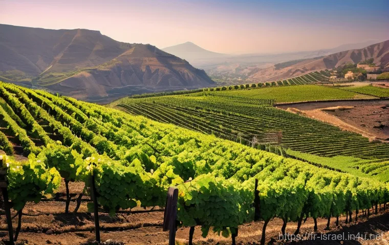 이스라엘의 와인 제조 과정과 역사 - **Golan Heights Volcanic Terroir:** A majestic wide-angle shot of a vineyard nestled in the high-alt...