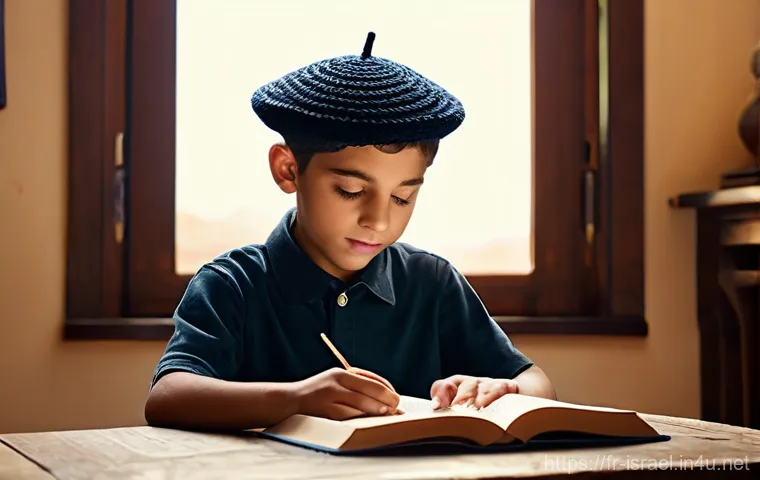 이스라엘 전통 의복 키파와 탈리트 - **Prompt 1: A Young Boy's Quiet Reflection with his Kippa**
"A serene portrait of a young Jewish...