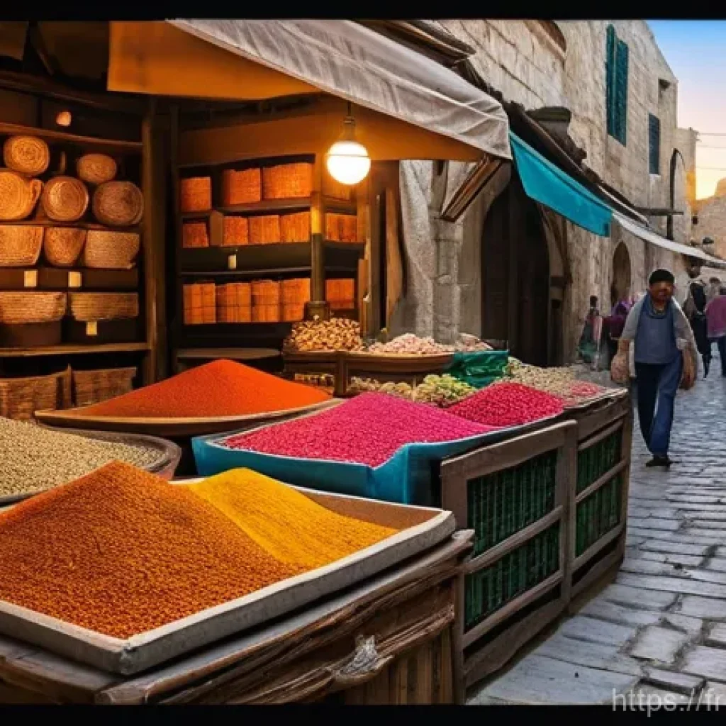 이스라엘에서 할 수 있는 전통 체험 여행 - **Jerusalem Old City Market at Sunset**
    A vibrant and detailed scene capturing the heart of Jeru...