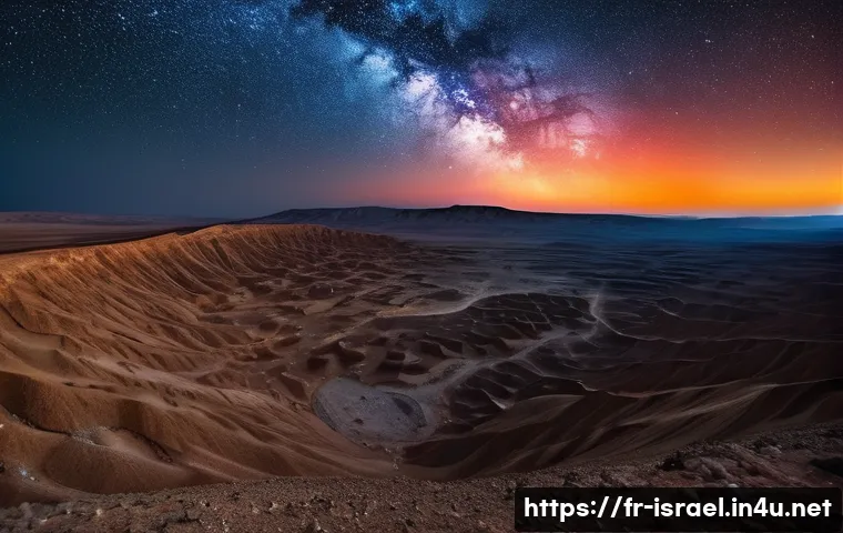 이스라엘에서 할 수 있는 모험 여행 - **Negev Desert Sunset & Starry Night Transition:**
"A wide, cinematic shot capturing the magical...