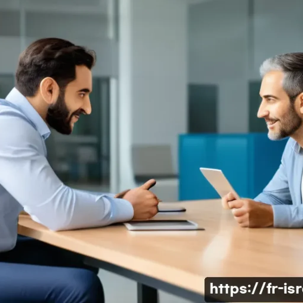 이스라엘의 비즈니스 관행 - A modern Israeli business meeting scene in a bright, open office with diverse professionals engaging...