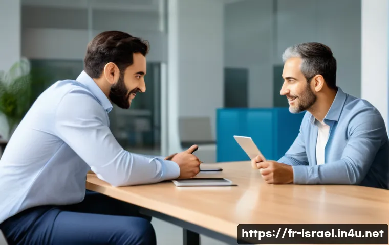 이스라엘의 비즈니스 관행 - A modern Israeli business meeting scene in a bright, open office with diverse professionals engaging...