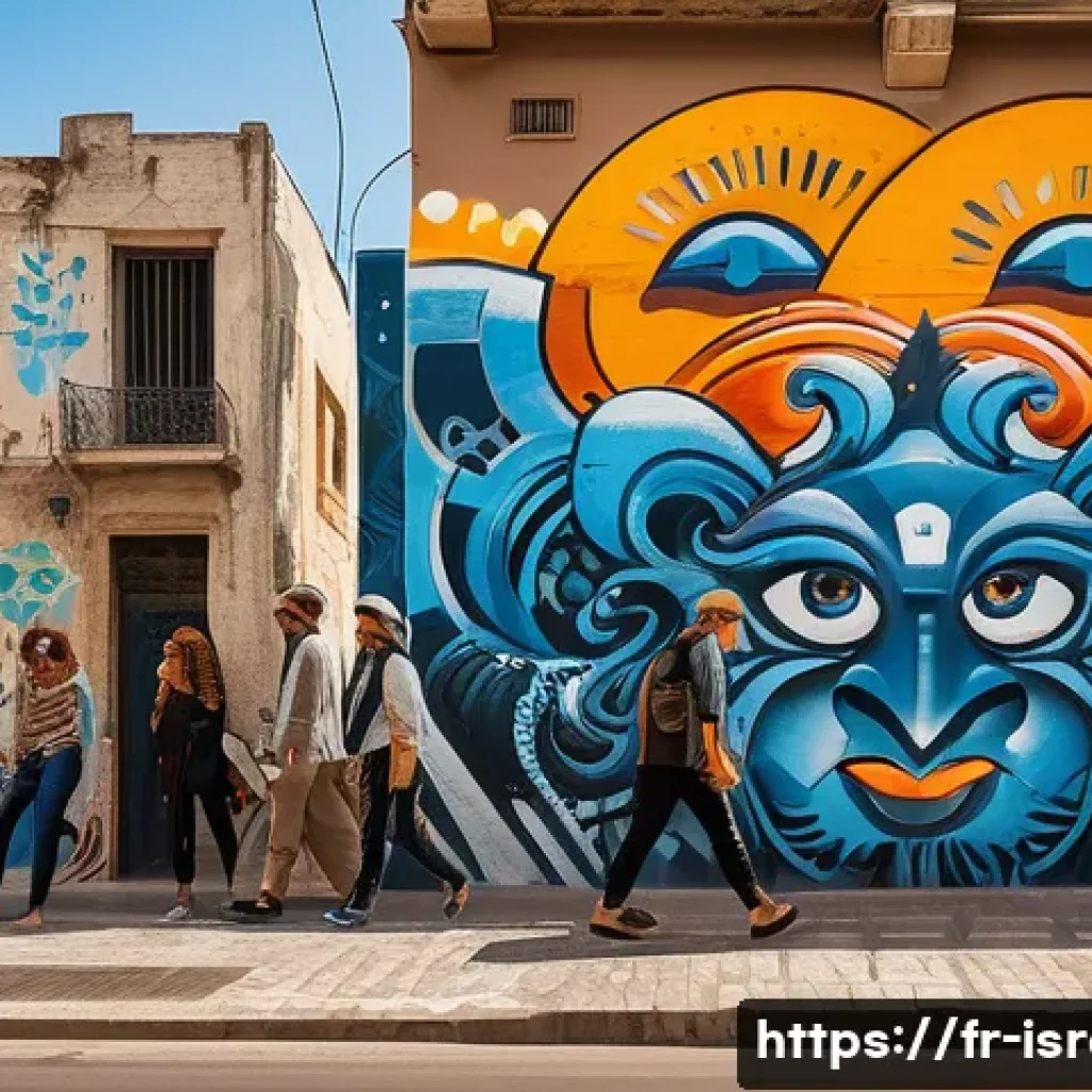 이스라엘 현대 예술의 흐름 - A vibrant street art mural in Tel Aviv featuring colorful graffiti and stencils that blend tradition...