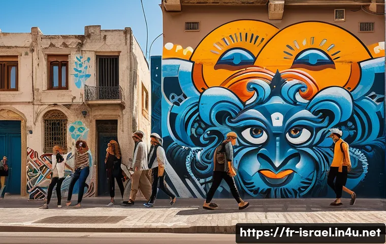 이스라엘 현대 예술의 흐름 - A vibrant street art mural in Tel Aviv featuring colorful graffiti and stencils that blend tradition...