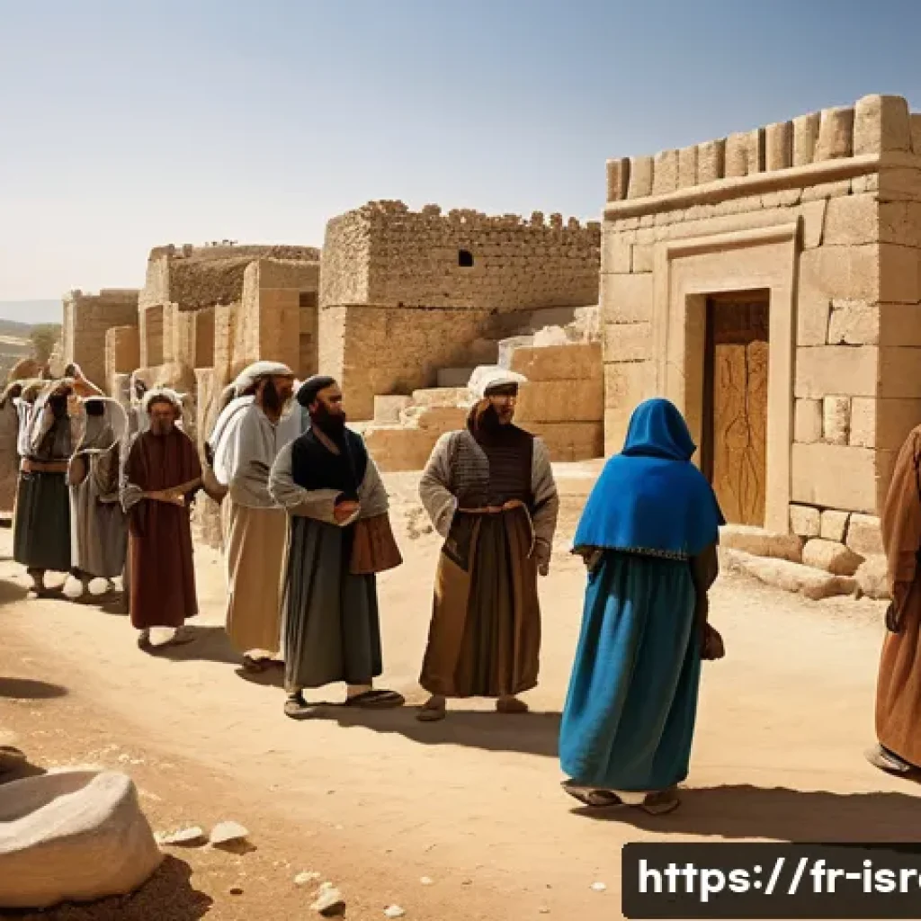 이스라엘 역사와 종교의 관계성 - A detailed scene of an ancient Israelite village during the time of King David, showing a diverse gr...