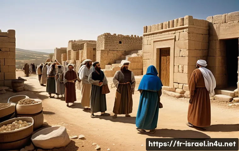 이스라엘 역사와 종교의 관계성 - A detailed scene of an ancient Israelite village during the time of King David, showing a diverse gr...