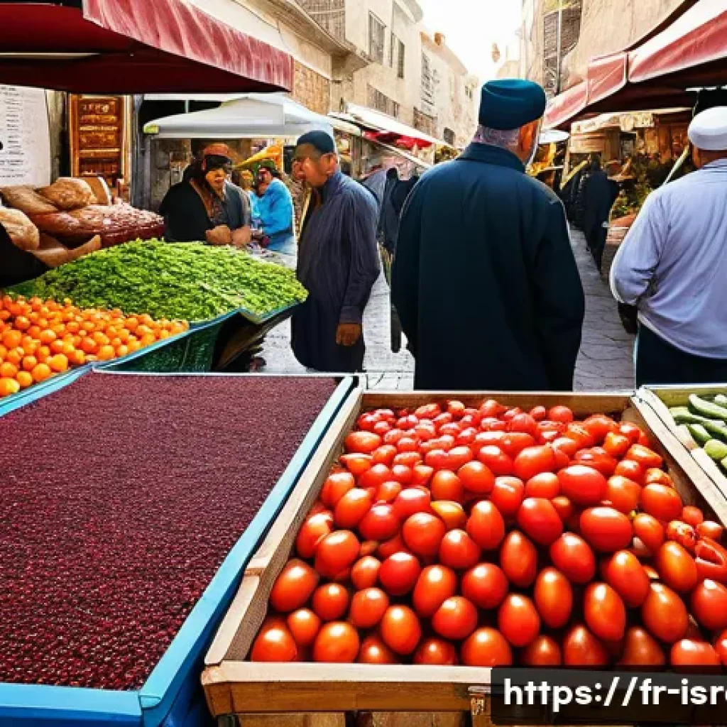 이스라엘에서 경험하는 쿠셔 요리 - A vibrant Israeli market scene at Machane Yehuda in Jerusalem during daytime, showcasing colorful st...