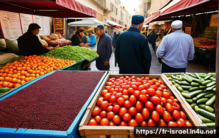 이스라엘에서 경험하는 쿠셔 요리 - A vibrant Israeli market scene at Machane Yehuda in Jerusalem during daytime, showcasing colorful st...