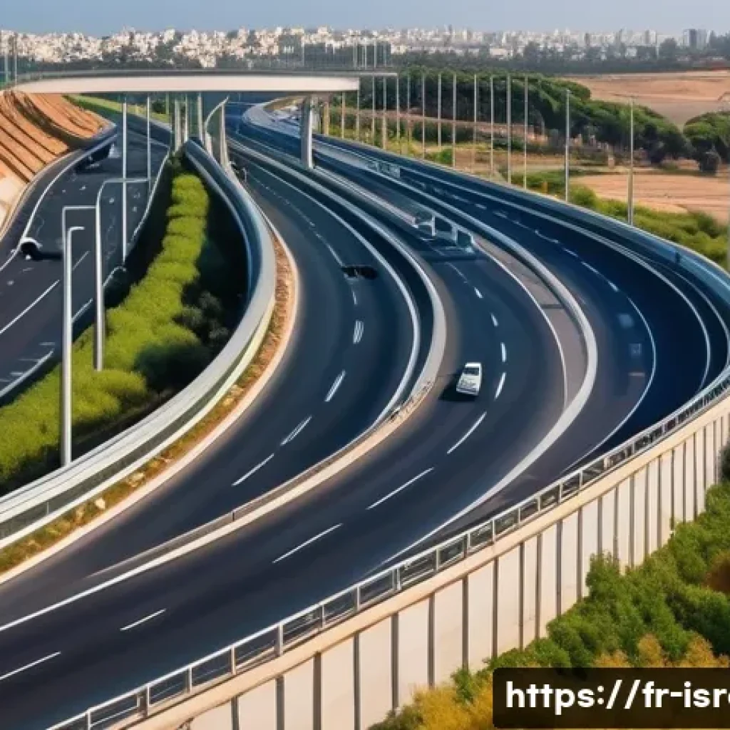 이스라엘의 도로 네트워크와 여행 계획 - A detailed scene of an Israeli highway near Tel Aviv featuring a modern multi-lane freeway with clea...