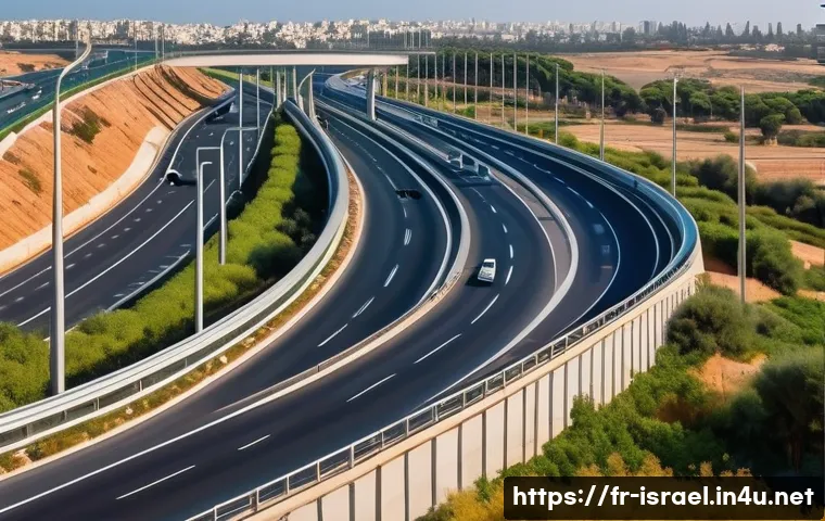 이스라엘의 도로 네트워크와 여행 계획 - A detailed scene of an Israeli highway near Tel Aviv featuring a modern multi-lane freeway with clea...