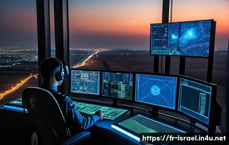이스라엘의 군사적 발전과 외교 정책 - A highly detailed futuristic military command center showcasing Israel&rsquo;s Iron Dome missile defense s...