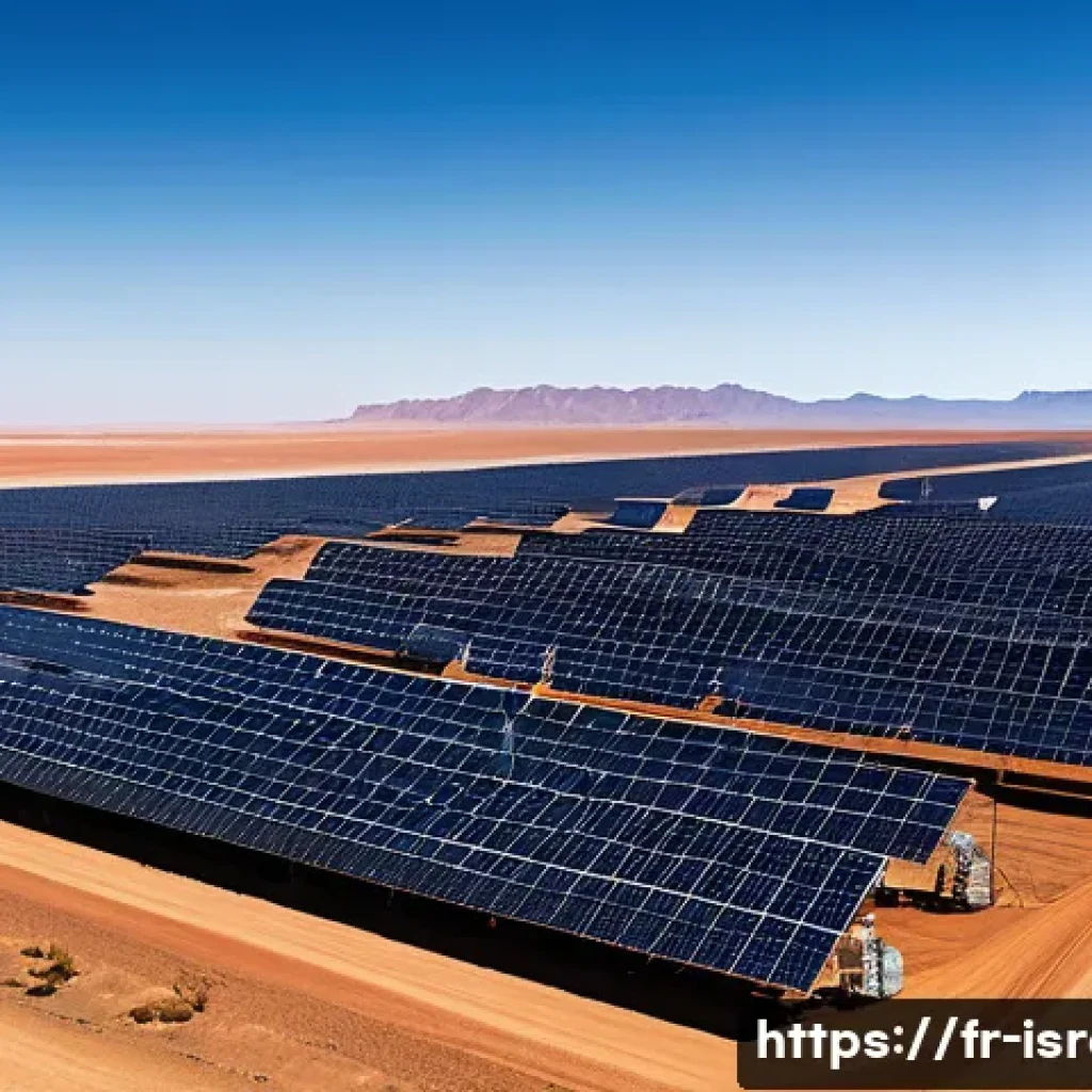 이스라엘과 중동의 에너지 협력 - A high-tech solar farm in a vast desert landscape under a bright, clear blue sky, featuring advanced...