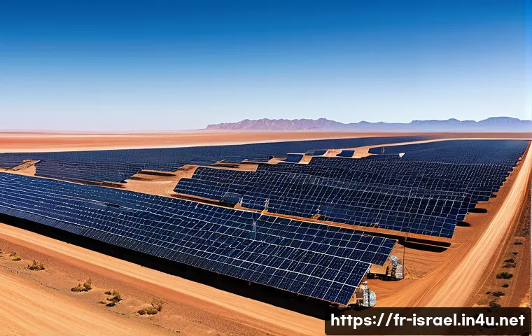 이스라엘과 중동의 에너지 협력 - A high-tech solar farm in a vast desert landscape under a bright, clear blue sky, featuring advanced...
