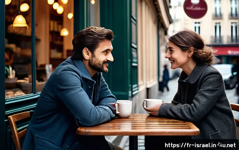 이스라엘과 관련된 유명 학자와 철학자 - A warm and intimate scene depicting two French adults engaged in a genuine "I-Thou" dialogue in a co...