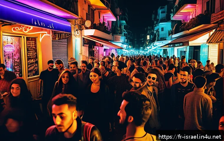 텔아비브 나이트라이프 - A lively Tel Aviv city center street scene at night, bustling with young locals and tourists enjoyin...