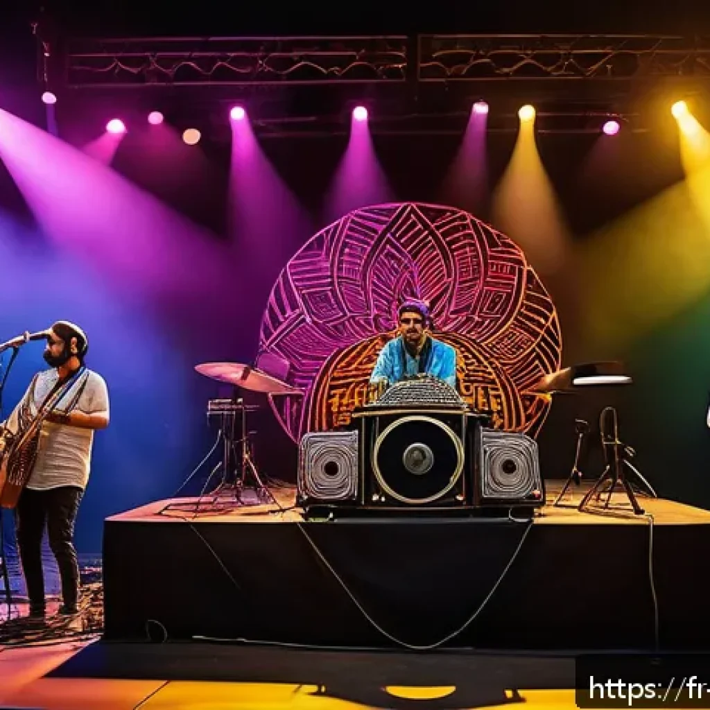 이스라엘 문화와 예술 페스티벌 - A vibrant contemporary Israeli music festival scene at night, showcasing a diverse group of musician...