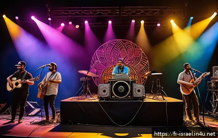 이스라엘 문화와 예술 페스티벌 - A vibrant contemporary Israeli music festival scene at night, showcasing a diverse group of musician...