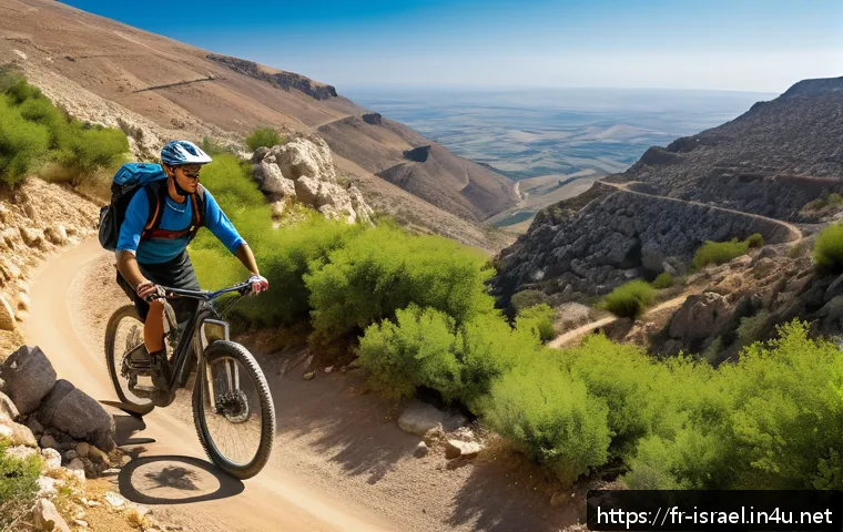 이스라엘에서 할 수 있는 익스트림 스포츠 - A dynamic mountain biking scene in Israel&rsquo;s Judean Mountains featuring a cyclist wearing full protec...
