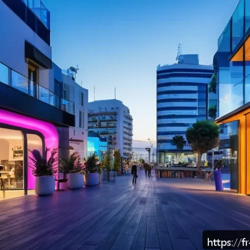 이스라엘의 고대 역사와 현재의 연결 - A vibrant urban scene of Tel Aviv at dusk, showcasing a bustling tech startup hub with modern glass ...