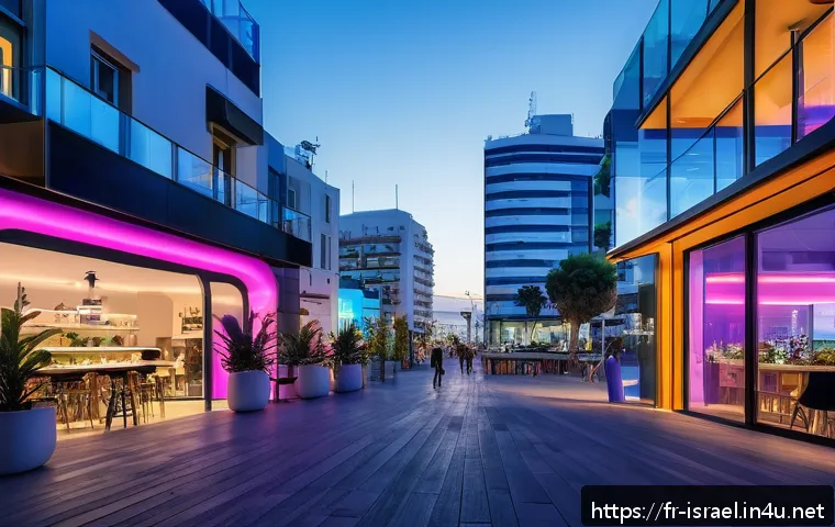 이스라엘의 고대 역사와 현재의 연결 - A vibrant urban scene of Tel Aviv at dusk, showcasing a bustling tech startup hub with modern glass ...