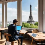 이스라엘의 비즈니스 영어 교육 - A modern, bright co-working space in Paris with diverse professionals engaged in an interactive Engl...