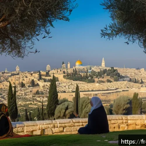 이스라엘의 기독교 순례지 - A serene early morning scene atop the Mount of Olives overlooking Jerusalem&rsquo;s old city, bathed in so...