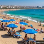 이스라엘 해변 추천  텔아비브 해변 - A lively urban beach scene at Gordon Beach, Tel Aviv, during a sunny day with fine golden sand and a...