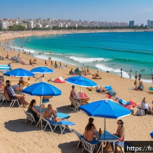 이스라엘 해변 추천  텔아비브 해변 - A lively urban beach scene at Gordon Beach, Tel Aviv, during a sunny day with fine golden sand and a...