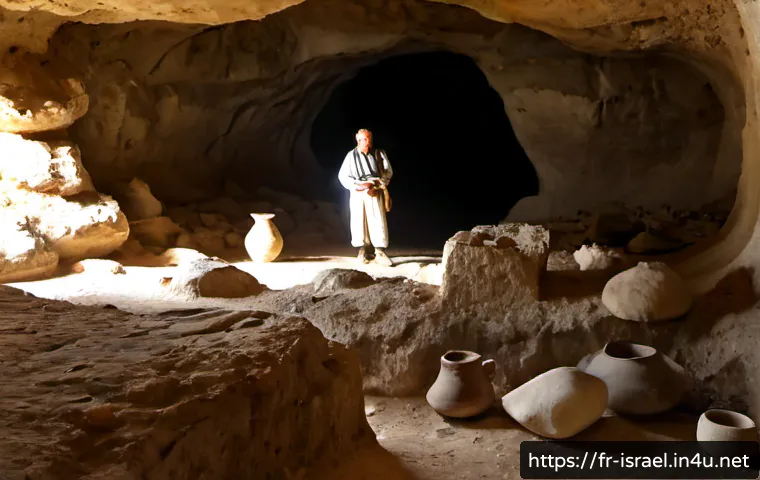 이스라엘에서 발견된 선사시대 동굴 - Photorealistic archaeological view inside a prehistoric cave in the Judean Hills of Israel, wide lim...