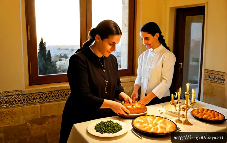 이스라엘에서의 유대교 문화 체험 - Photorealistic Jerusalem family home preparing for Shabbat, warmly dressed Jewish family arranging b...