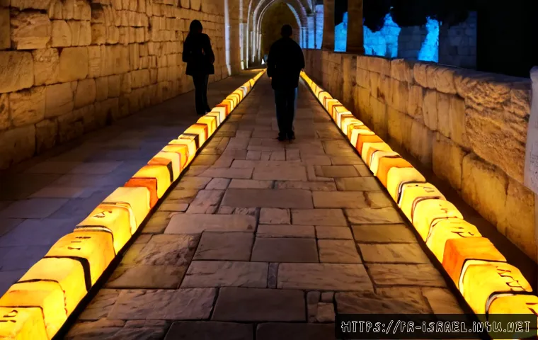 이스라엘에서 열리는 주요 문화 예술 행사 - Photorealistic evening scene at a major Jerusalem contemporary art festival, immersive illuminated s...