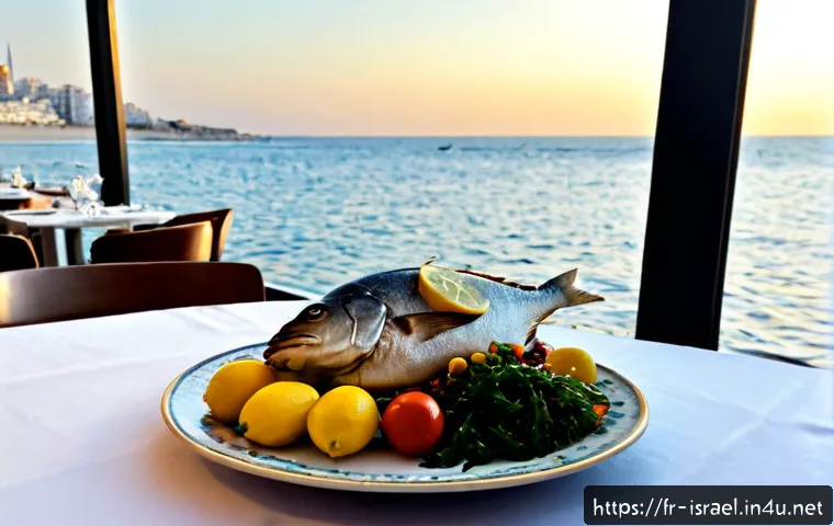 이스라엘에서 추천하는 해산물 레스토랑 - Photorealistic upscale seafood restaurant on the Tel Aviv waterfront, French-speaking traveler’s vie...